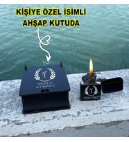 Kişiye Özel İsimli Harf Özel Tasarım Siyah Benzinli Çakmak & Özel Ahşap Kutusunda