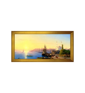 Eski Galata ve Kız Kuleleri Motifli Kanvas Tablo 50 x 70 cm Gold Çerçeve
