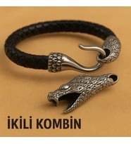 Sevgiliye Hediye Erkek Takı Seti İkili Kombin Deri Bileklik ve Yılan Başlı Çelik Kolye (Siyah Gümüş)
