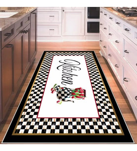 Siyah Eskitme Dama ve Kitchen Yıkanabilir Kaymaz Taban Leke Tutmaz Modern Salon Halısı ve Yolluk (Beyaz)