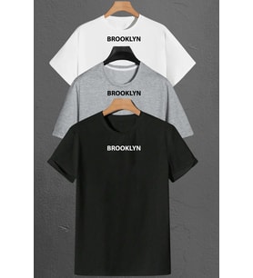 Brooklyn Baskılı Unisex Oversize 3'lü T-shirt Paketi (Beyaz)