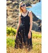 Yırtmaçlı Askılı Bohem Elbise (Siyah)