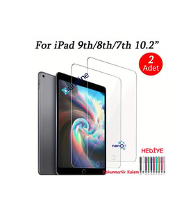 2 ADET iPad 9. ve 8. Nesil 10.2" Tam Uyumlu Ekran Koruyucu Şeffaf Cam Nano HD Esnek Kırılmaz + Kalem