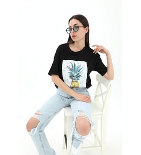 Bisiklet Yaka Ananas Baskılı Süprem T-shirt - Siyah
