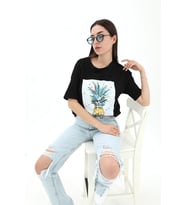 Bisiklet Yaka Ananas Baskılı Süprem T-shirt - Siyah