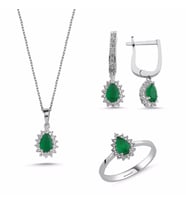 Beyaz Altın Mini Set Zümrüt Damla 3lü Takım (Çok Renkli)