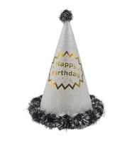 40 cm Baş Çevresi – 25 cm Simli Gümüş Ponponlu Happy Birthday Doğum Günü Şapkası