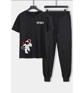 Unisex Nasa Baskılı 2'li Eşofman Takımı (Siyah)