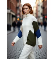 Kadın Oversize Dik Yaka Renk Bloklu Düşük Kol Selanik Dokuma Uzun Triko Kazak Kışlık Kombinlerin