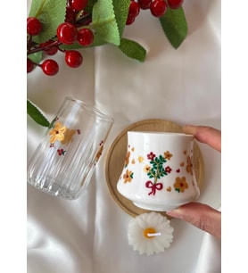 El yapımı kişiye özel Noel baba Yılbaşı kahve fincanı ve su bardağı set, mum hediyeli, Yılbaşı hediyesi (Kırmızı)