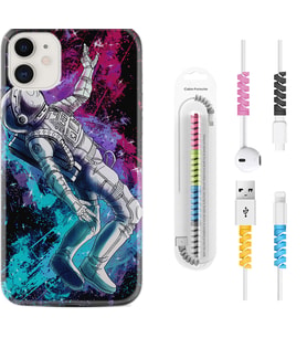Apple iPhone 11 12 13 Mini Kılıf Kablo Koruma Spiral Silikon Astronot Signs 1753