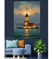 Kız Kulesi Gece Manzarası Dekoratif Kanvas - Mdf Ahşap Tablo