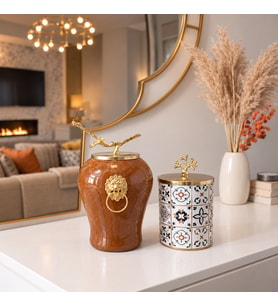 Dekoratif Obje Aslanlı Kahverengi Mermer Silindir Ceramic Desen Gold - Feray Home