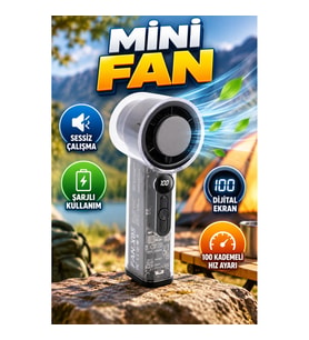 100 Kademeli Dijital Ekranlı Mini Fan – Yüksek Hızlı Şarjlı, Sessiz, Kamp ve Ofis Kullanımı