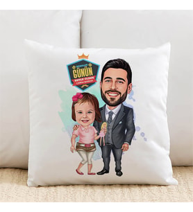 Kişiye Özel Şirin Kız ve Babası Karikatürlü Yastık