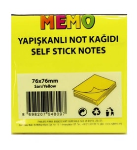 Memo Yapışkanlı Not Kağıdı 76X76Mm Sarı - 3 adet