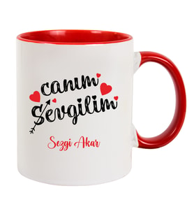 İsme Özel Kırmızı Renk Detaylı Kupa Bardak - Canım Sevgilim (Beyaz)