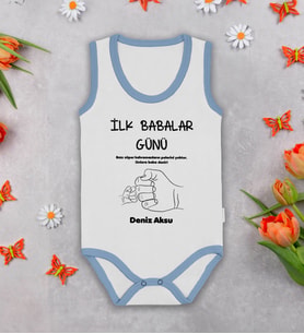 BK Kids Kişiye Özel İlk Babalar Günü Mavi Biyeli Askılı Sıfır Kol Bebek Body Zıbın, Yeni Doğan Bebek Hediyesi