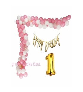 Lüks Pembe Beyaz Doğum Günü Balon Zincir Seti