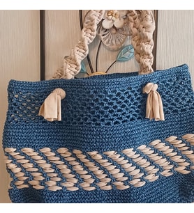 Chiclookdesign Makrome Saplı El Örgüsü Kadın Koyu Mavi/Bej Omuz Çantası