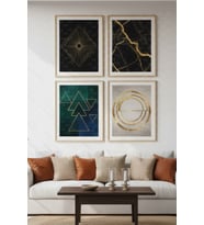 Altın Geometri 4’lü Ahşap Çerçeveli Tablo Seti - Modern Oturma Odası Dekor