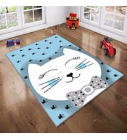 Mavi Kedi Desenli Yıkanabilir Kaymaz Taban Leke TutmazBebek ve Çocuk Odası Halısı (Beyaz-Mavi)