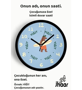 İsme Özel Sorfçü Ayı Çocuk Odası Duvar Saati Orta Boy 30 cm Siyah Camlı Sessiz