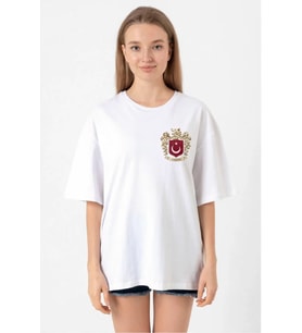 Türk Arma Baskılı Oversize Bisiklet Yaka Günlük T-shirt - Beyaz