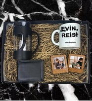 Kişiye Özel Baba Tasarımlı  Kupa Bardak Erkek Cüzdanı French Press 2'li Ahşap Mdf Kahverengi Çerçeve Özel Hediye Seti (Siyah)