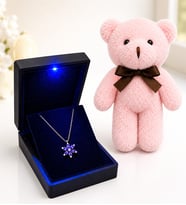 925 Ayar Gümüş Ametist Taşlı Lotus Kadın Kolye Işıklı Kutulu Pembe Peluş Ayıcık Hediyeli