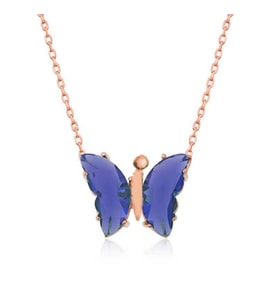 Lacivert Kelebek Model Rose Gold Kaplama Zirkon Taşlı Gümüş Kolye