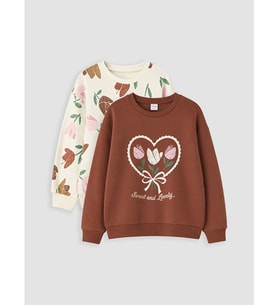 LCW Kids Kahverengi 2'li Baskılı Kız Çocuk Kalın Sweatshirt