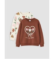 LCW Kids Kahverengi 2'li Baskılı Kız Çocuk Kalın Sweatshirt