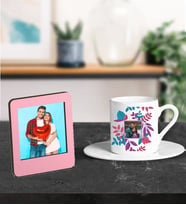 Kişiye Özel Fotoğraf Tasarımlı Türk Kahve Fincanı Ve Resimli Pembe Çerçeve