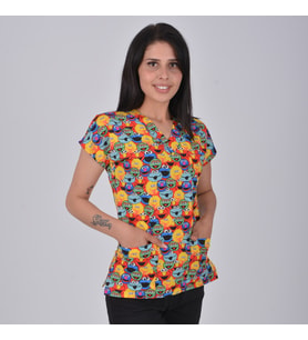 Unisex Susam Sokağı Desenli Esnek Likralı Hemşire Doktor Veteriner Scrubs Cerrahi Tek Üst Forma (Sarı)