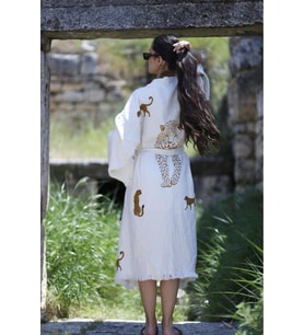 Müslin Kimono %100 Pamuklu Leopar Baskılı Desenli Bornoz Kaftan Sabahlık (Ekru)