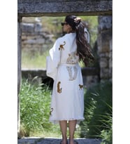 Müslin Kimono %100 Pamuklu Leopar Baskılı Desenli Bornoz Kaftan Sabahlık (Ekru)