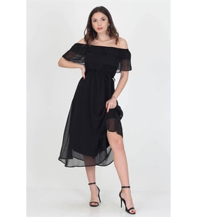 Neşeli butik kadın yeni sezon madonna yaka bağlama detaylı şifon elbise Ry8060 (Siyah)