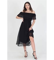 Neşeli butik kadın yeni sezon madonna yaka bağlama detaylı şifon elbise Ry8060 (Siyah)