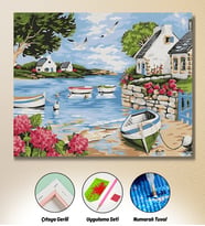 HONDEP Göl Kenarı Köy Manzarası Elmas Boyama Seti 40x50 cm – Kayık ve Sahil Evleri Dekoratif Tablo, Çıtaya Gerili