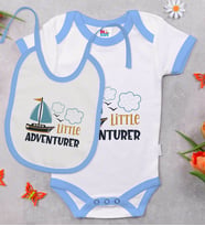 BK Kids Little Advanturer Tasarımlı Mavi Bebek Body Zıbın ve Mama Önlüğü Hediye Seti-1
