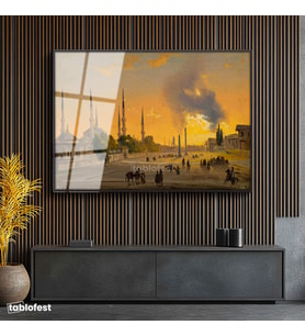 Siyah Renk Metal Çerçeveli Tamperli Cam Tablo Ippolito Caffi Sultanahmet Meydanı Obelisk Minare Ressam Tablosu Dekoru