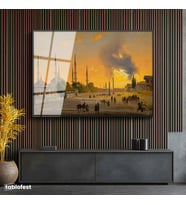 Siyah Renk Metal Çerçeveli Tamperli Cam Tablo Ippolito Caffi Sultanahmet Meydanı Obelisk Minare Ressam Tablosu Dekoru