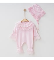 Pembe Güpürlü Şapkalı Kız Bebek Tulum Takım