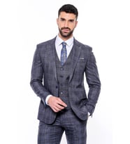 Kendinden Desenli Yelekli Slim Fit Lacivert Takım Elbise - Wessi