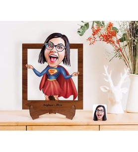 BK Gift Kişiye Özel Süper Anne Karikatürlü Ahşap Standlı 3D Biblo-1 (Beyaz)