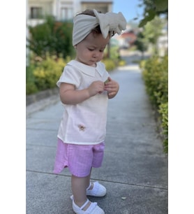 Mini Yaka Detaylı Keten Gömlek Ve Şort Takım Pembe