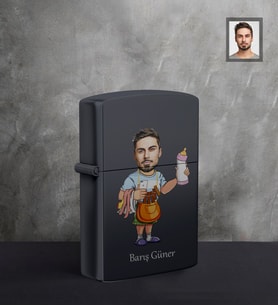 Kişiye Özel Babalar Günü Baba Karikatürlü UV Siyah Benzinli Cakmak Model-4
