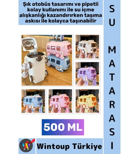 #SuMatarası Ofis Okul Çocuk Su İçme Alışkanlığı Otobüs Tasarımlı Pipetli Askılı Su Matarası 500 ML
