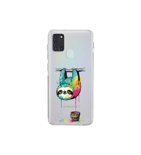 Samsung Galaxy A21S ile Uyumlu Splash Tembel Hayvan Tasarımlı Şeffaf Silikon Kılıf